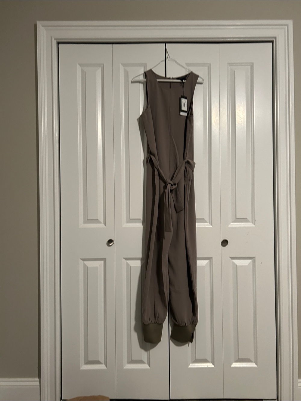 Armani Exchange Taupe Sleeveless Tie-Waist Jumpsuit with Gathered Cuffs